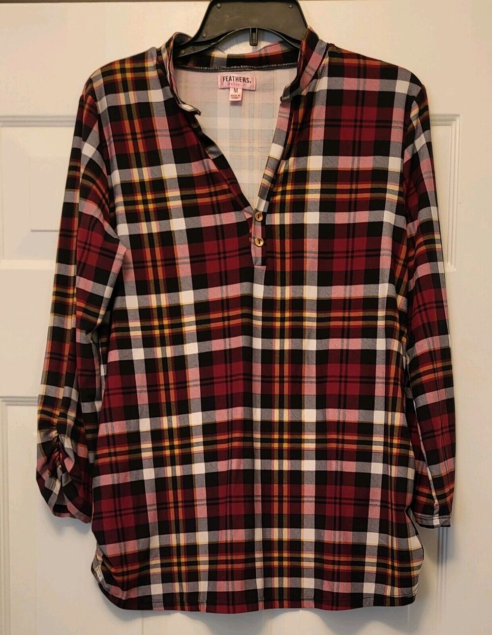 Feathers Maternity Womens Sz M Long Sleeve Button Down Plaid Shirt Red